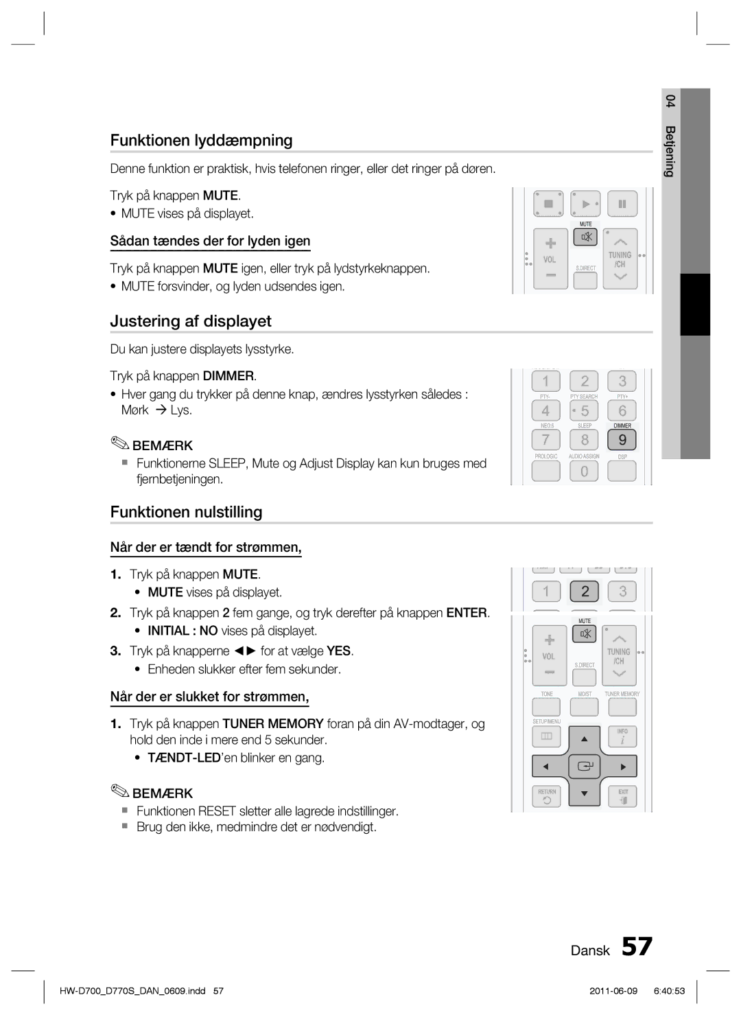 Samsung HW-D700/XE manual Funktionen lyddæmpning, Justering af displayet, Funktionen nulstilling 