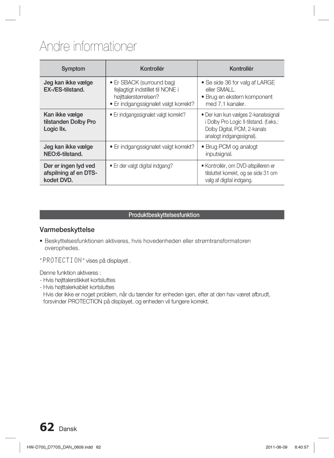 Samsung HW-D700/XE manual Varmebeskyttelse, Produktbeskyttelsesfunktion 