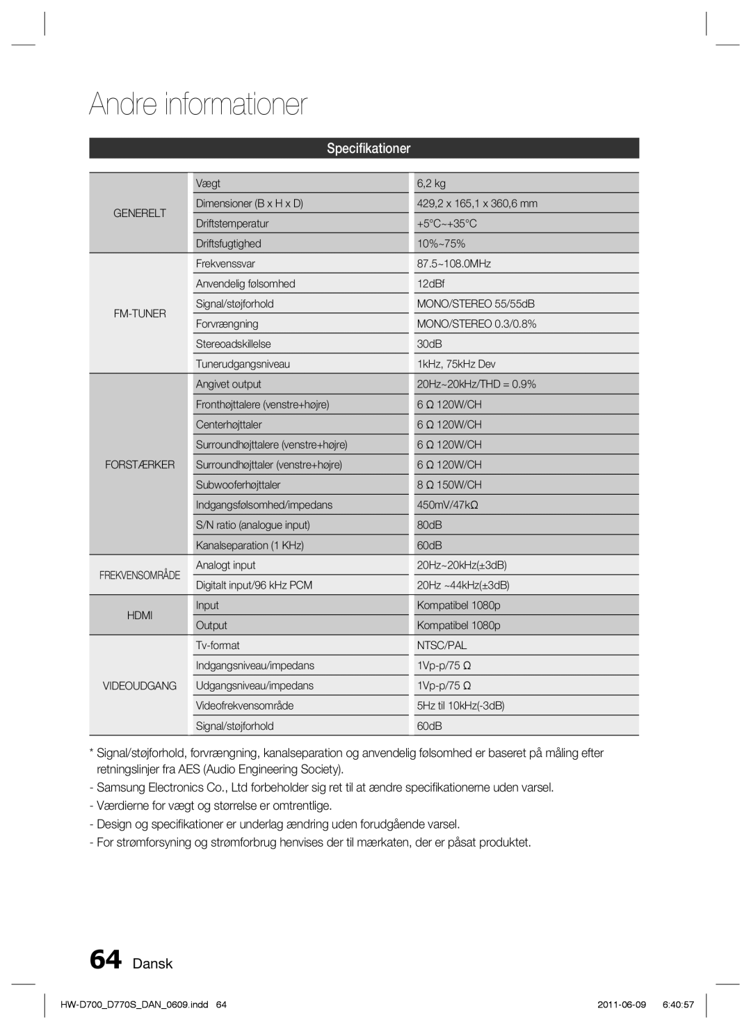 Samsung HW-D700/XE manual Speciﬁkationer 