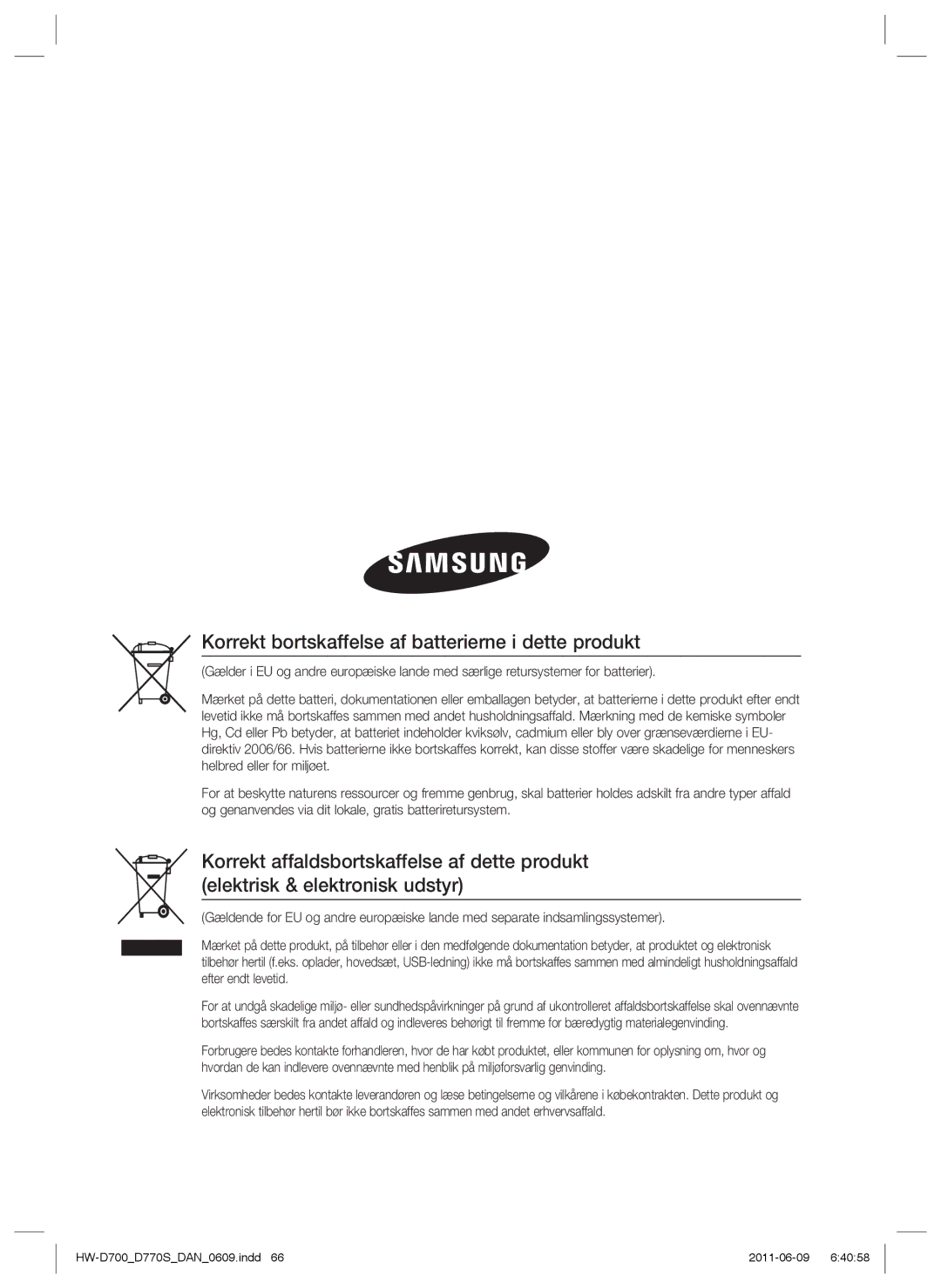 Samsung HW-D700/XE manual Korrekt bortskaffelse af batterierne i dette produkt 