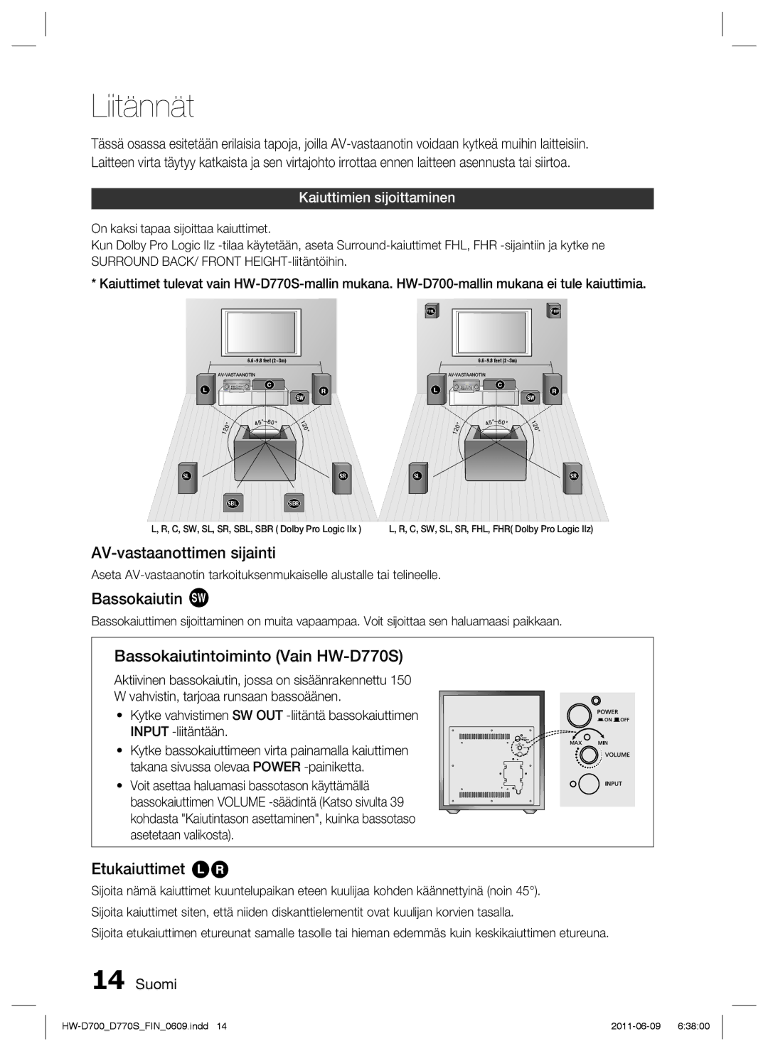 Samsung HW-D700/XE manual Liitännät, AV-vastaanottimen sijainti, Bassokaiutin g, Bassokaiutintoiminto Vain HW-D770S 