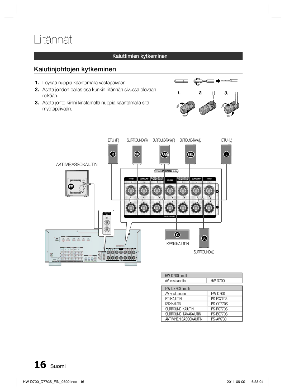 Samsung HW-D700/XE manual Kaiutinjohtojen kytkeminen, Kaiuttimien kytkeminen 