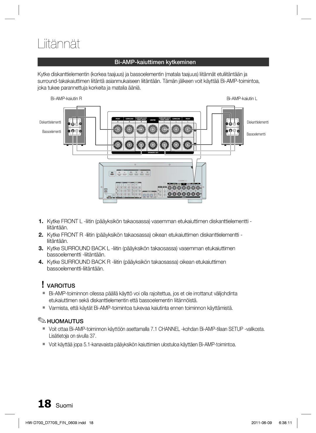 Samsung HW-D700/XE manual Bi-AMP-kaiuttimen kytkeminen, Varoitus 