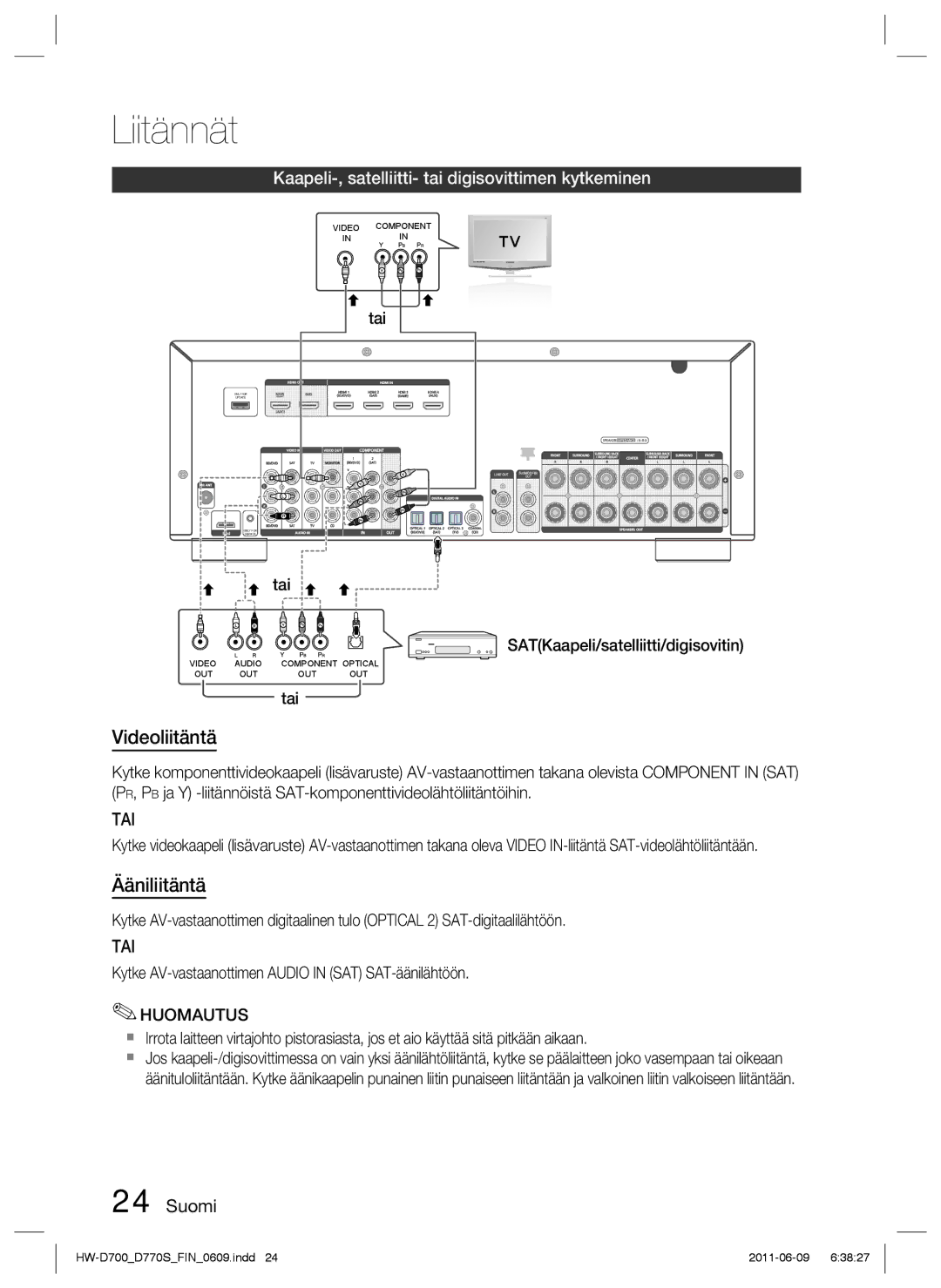 Samsung HW-D700/XE manual Kaapeli-, satelliitti- tai digisovittimen kytkeminen, Huomautus 