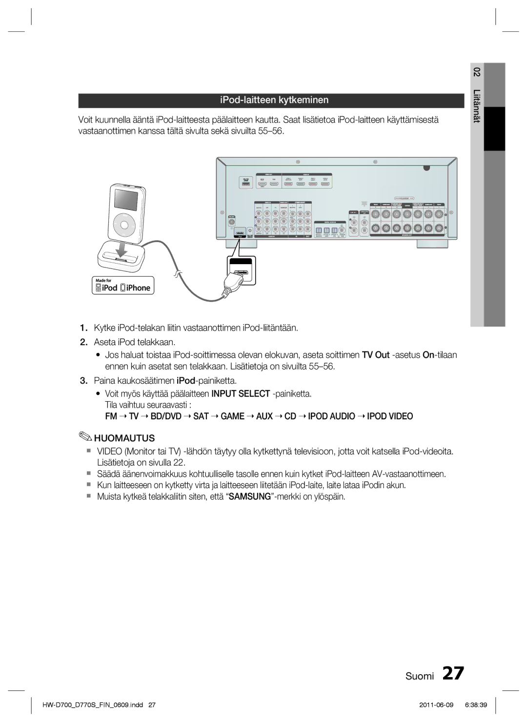 Samsung HW-D700/XE manual IPod-laitteen kytkeminen, FM TV BD/DVD SAT Game AUX CD Ipod Audio Ipod Video Huomautus 