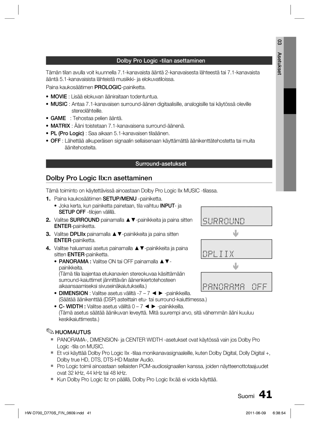 Samsung HW-D700/XE manual Dolby Pro Logic IIxn asettaminen, Dolby Pro Logic -tilan asettaminen, Surround-asetukset 