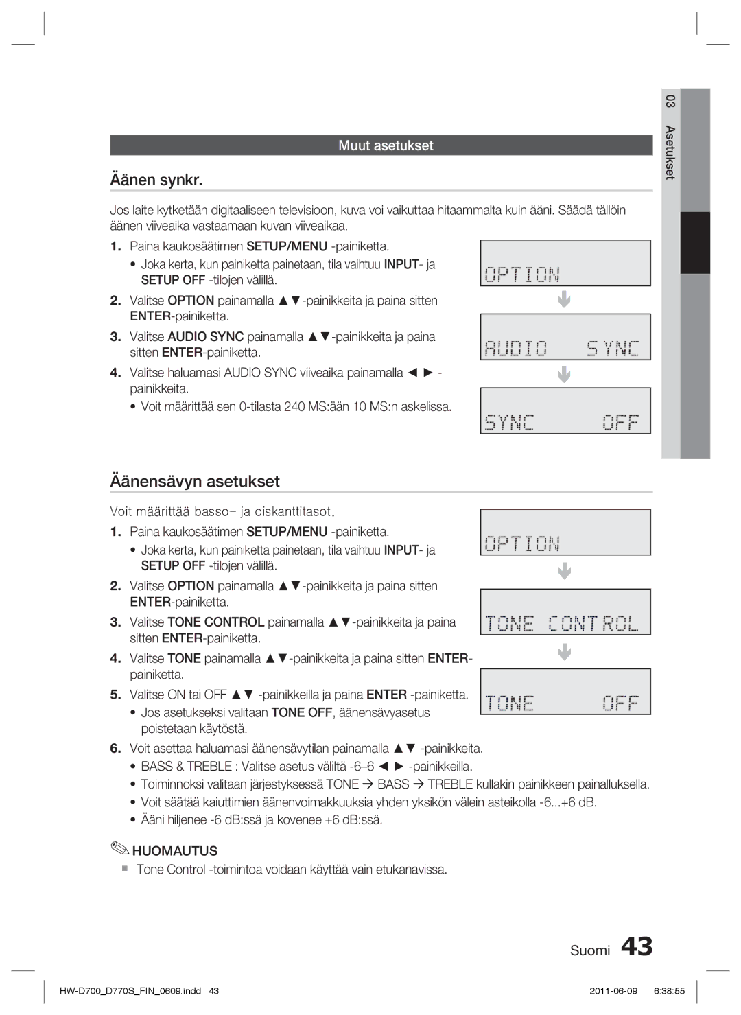 Samsung HW-D700/XE manual Äänen synkr, Äänensävyn asetukset, Muut asetukset 