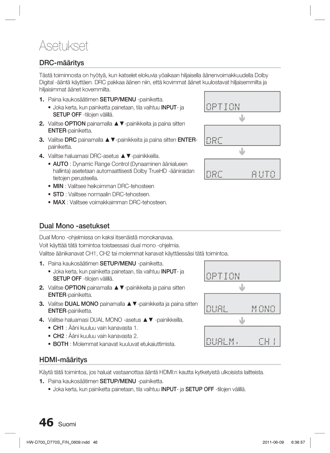 Samsung HW-D700/XE manual DRC-määritys, Dual Mono -asetukset, HDMI-määritys 