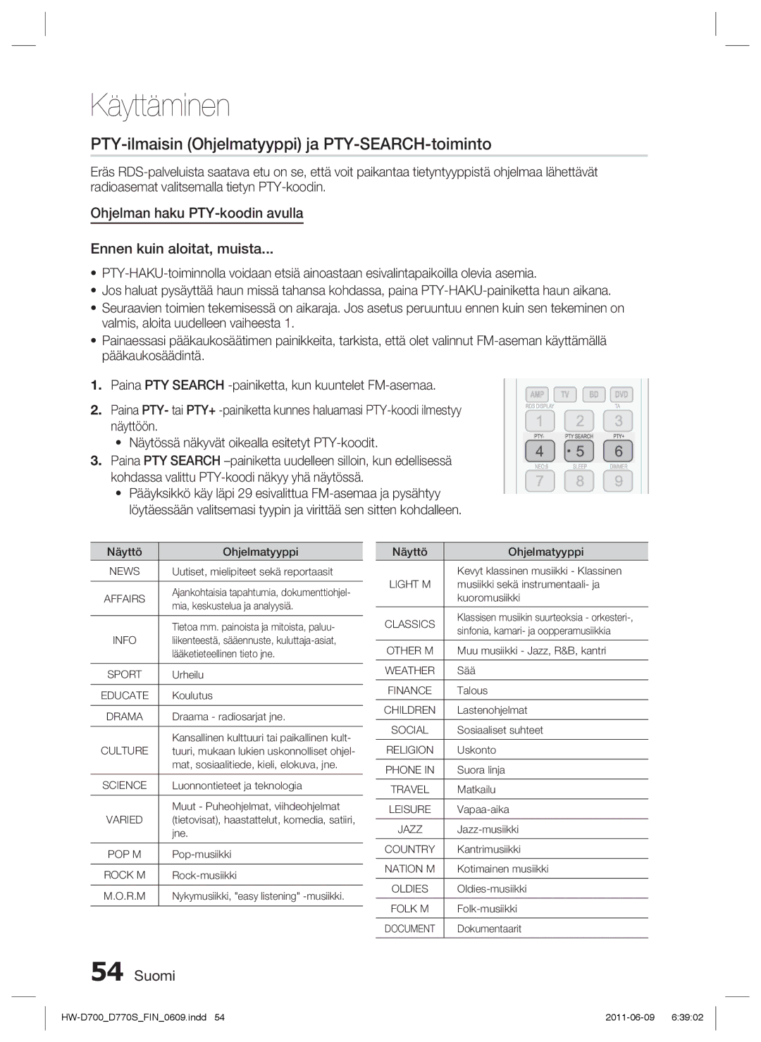 Samsung HW-D700/XE manual PTY-ilmaisin Ohjelmatyyppi ja PTY-SEARCH-toiminto 