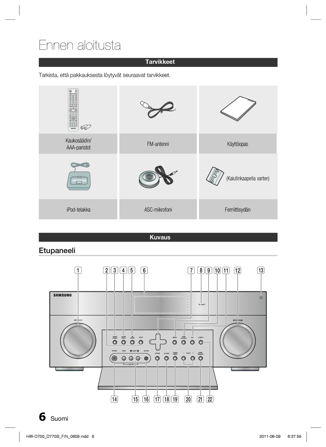 Samsung HW-D700/XE manual Ennen aloitusta, Etupaneeli 