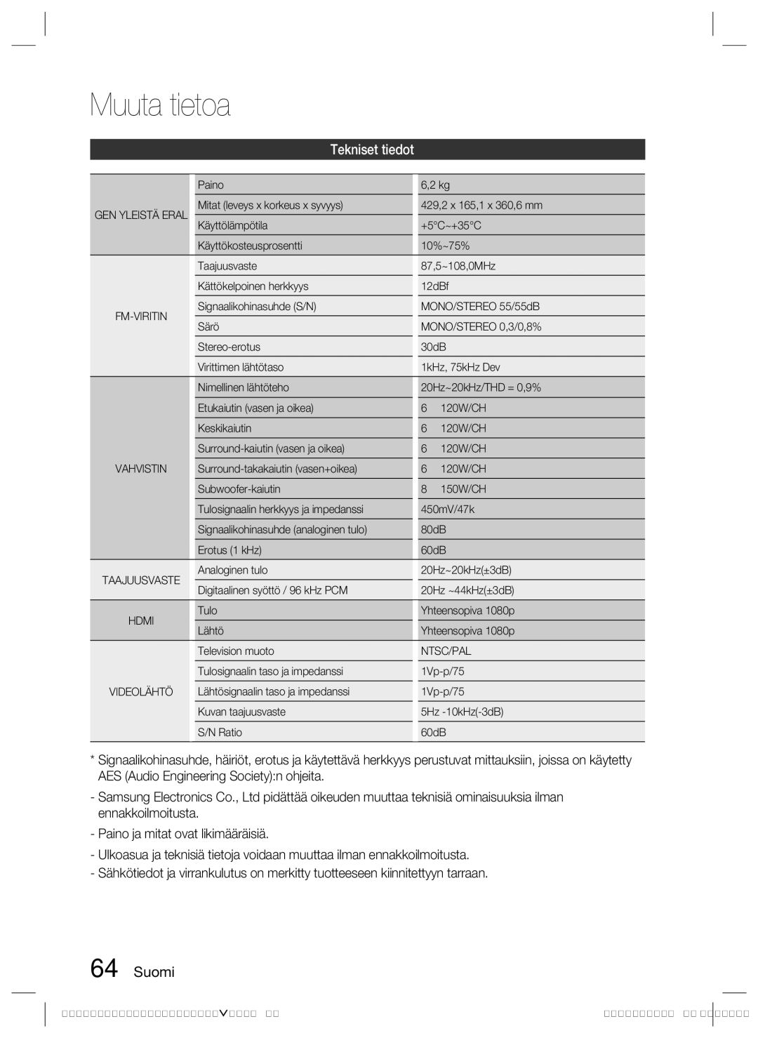 Samsung HW-D700/XE manual Tekniset tiedot 