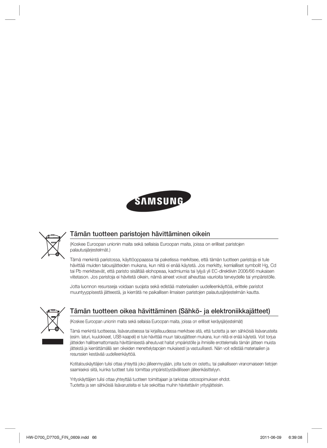 Samsung HW-D700/XE manual Tämän tuotteen paristojen hävittäminen oikein 