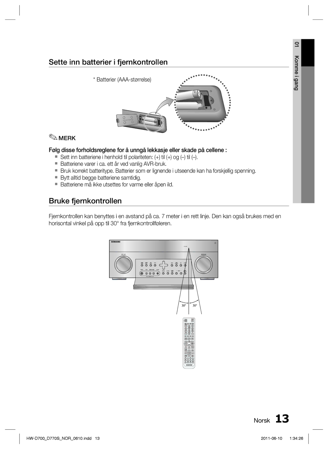 Samsung HW-D700/XE manual Sette inn batterier i fjernkontrollen, Bruke fjernkontrollen, Merk 