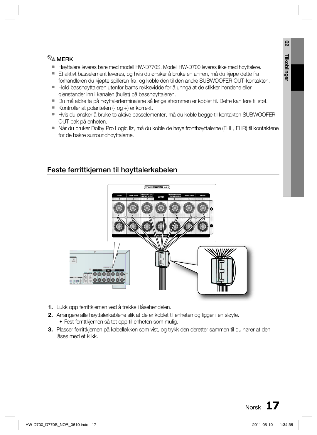 Samsung HW-D700/XE manual Feste ferrittkjernen til høyttalerkabelen 