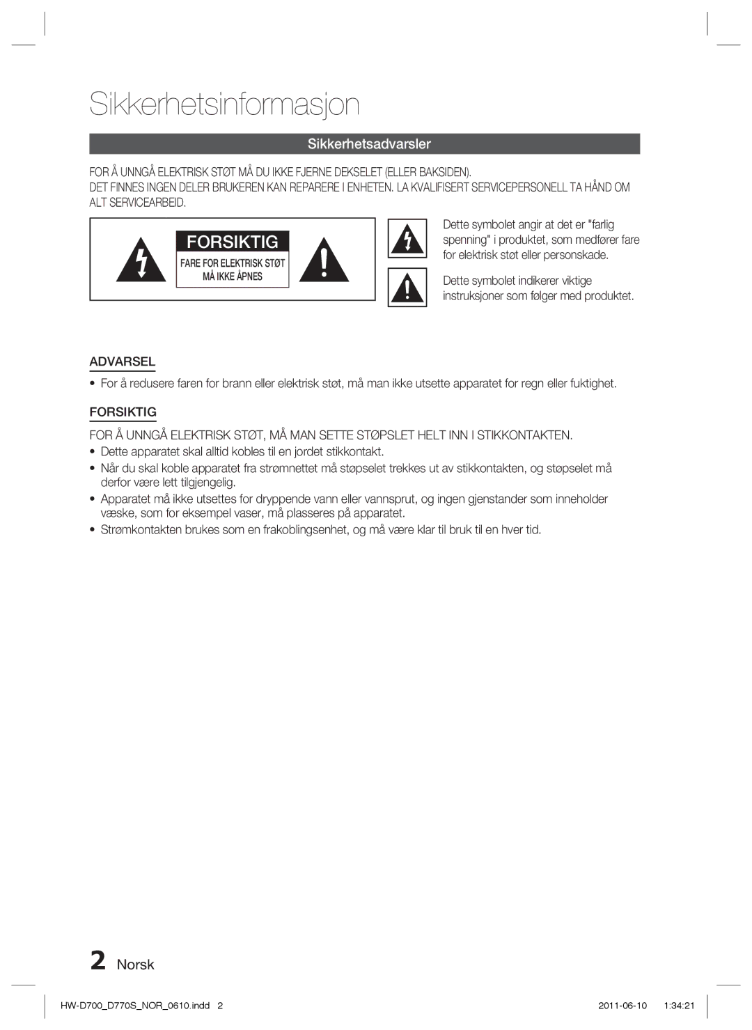 Samsung HW-D700/XE manual Sikkerhetsinformasjon, Sikkerhetsadvarsler 