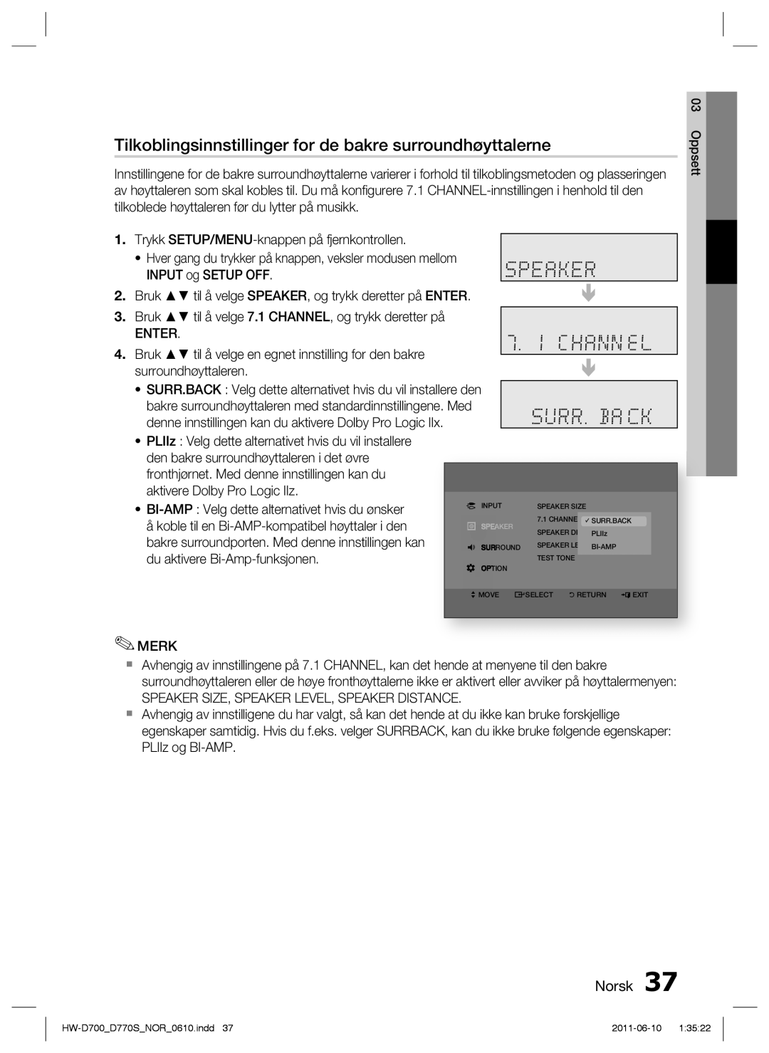 Samsung HW-D700/XE manual Tilkoblingsinnstillinger for de bakre surroundhøyttalerne, Enter 