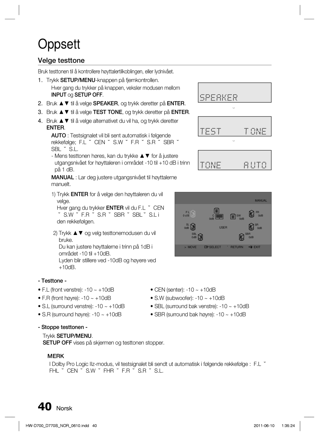 Samsung HW-D700/XE manual Velge testtone 