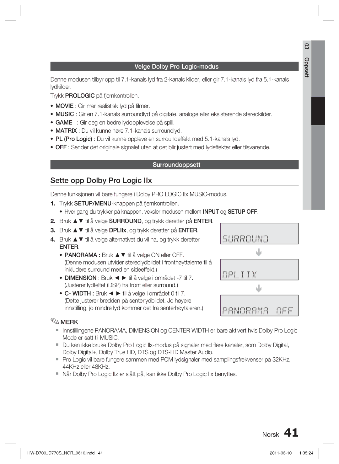 Samsung HW-D700/XE manual Sette opp Dolby Pro Logic, Velge Dolby Pro Logic-modus, Surroundoppsett 