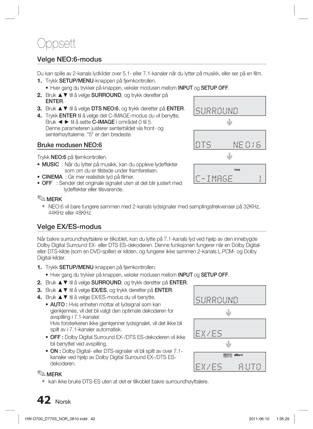 Samsung HW-D700/XE manual Velge NEO6-modus, Velge EX/ES-modus, Bruke modusen NEO6 