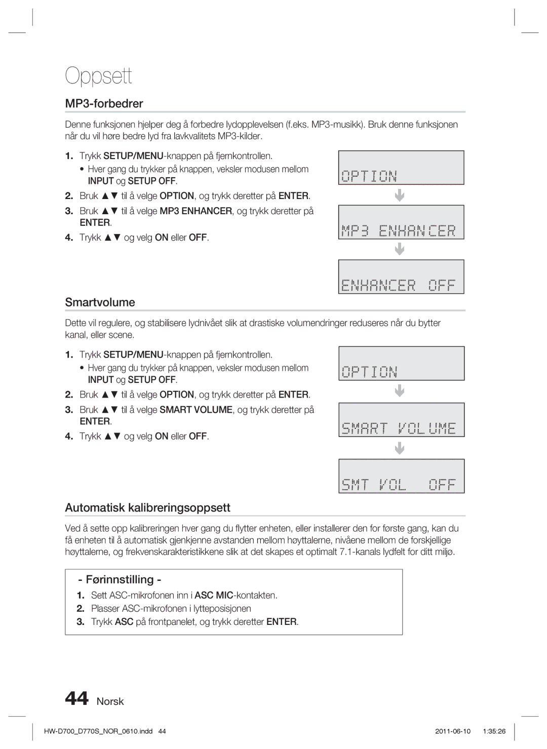 Samsung HW-D700/XE manual MP3-forbedrer, Smartvolume, Automatisk kalibreringsoppsett, Førinnstilling 