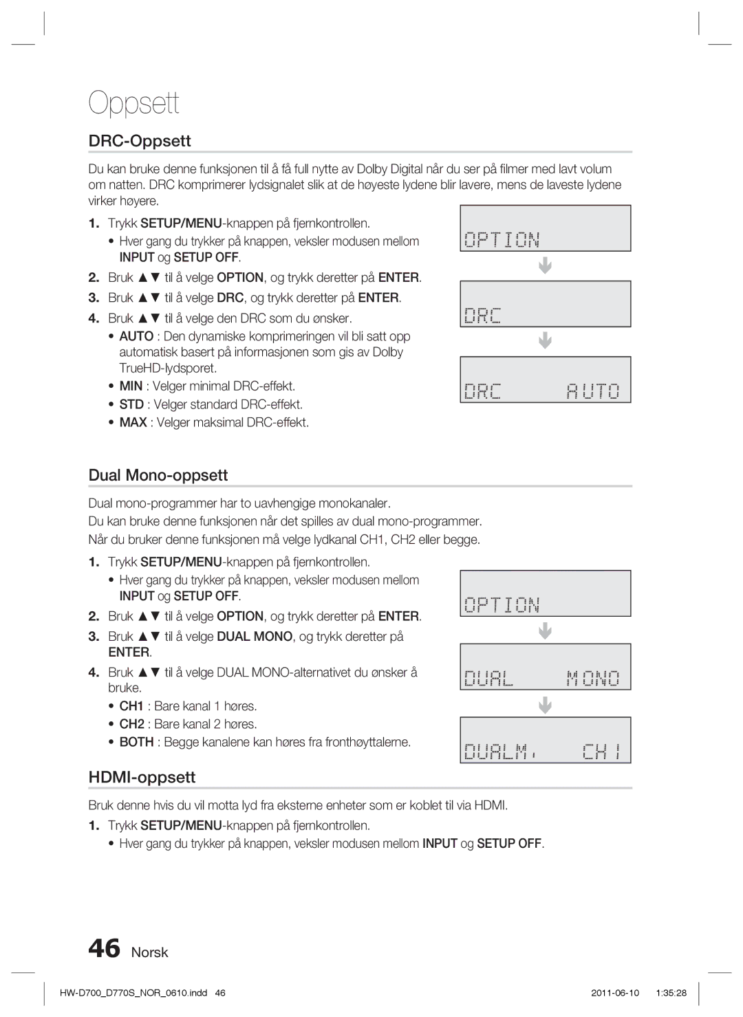 Samsung HW-D700/XE manual DRC-Oppsett, Dual Mono-oppsett, HDMI-oppsett 