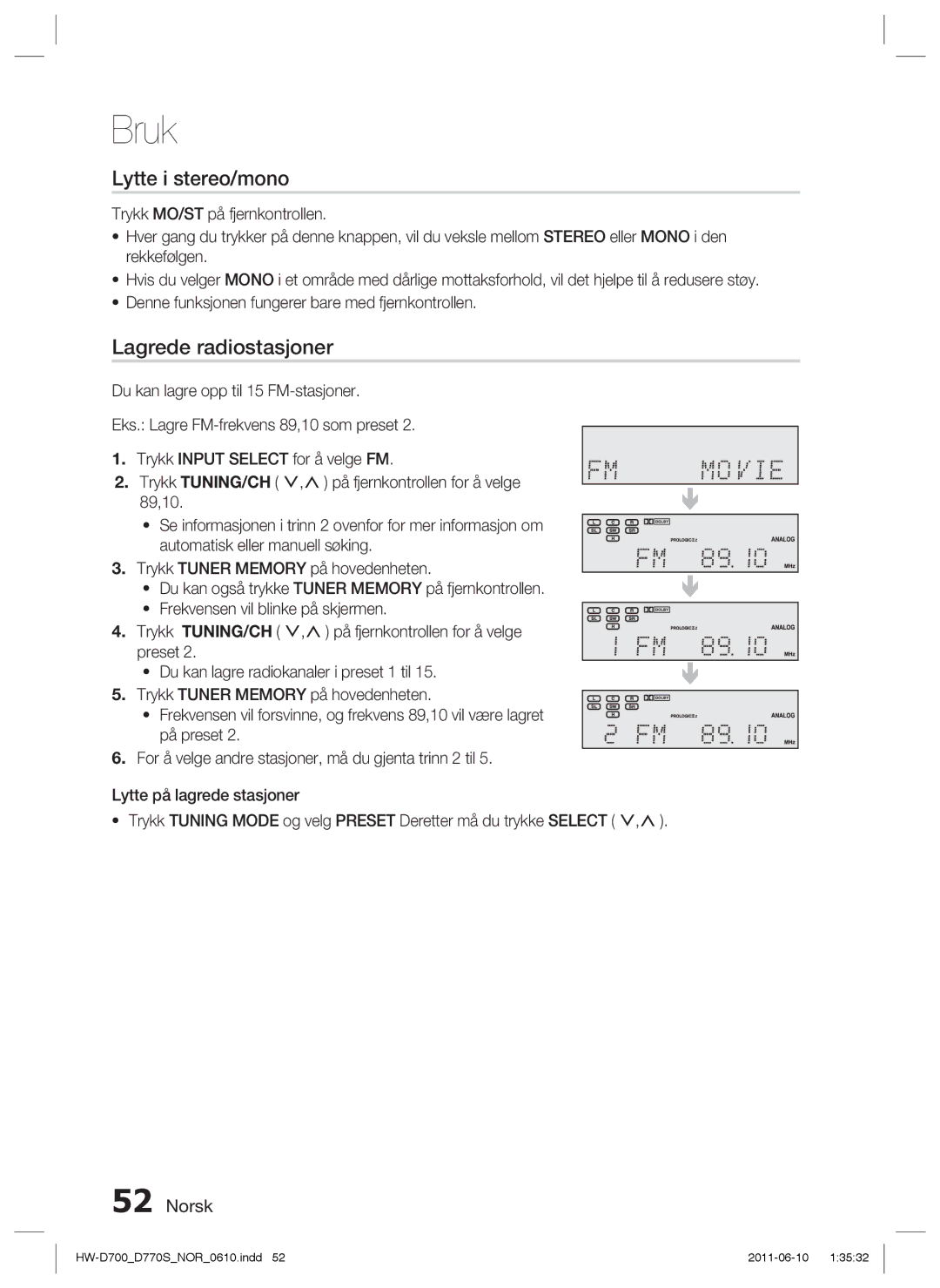 Samsung HW-D700/XE manual Lytte i stereo/mono, Lagrede radiostasjoner 