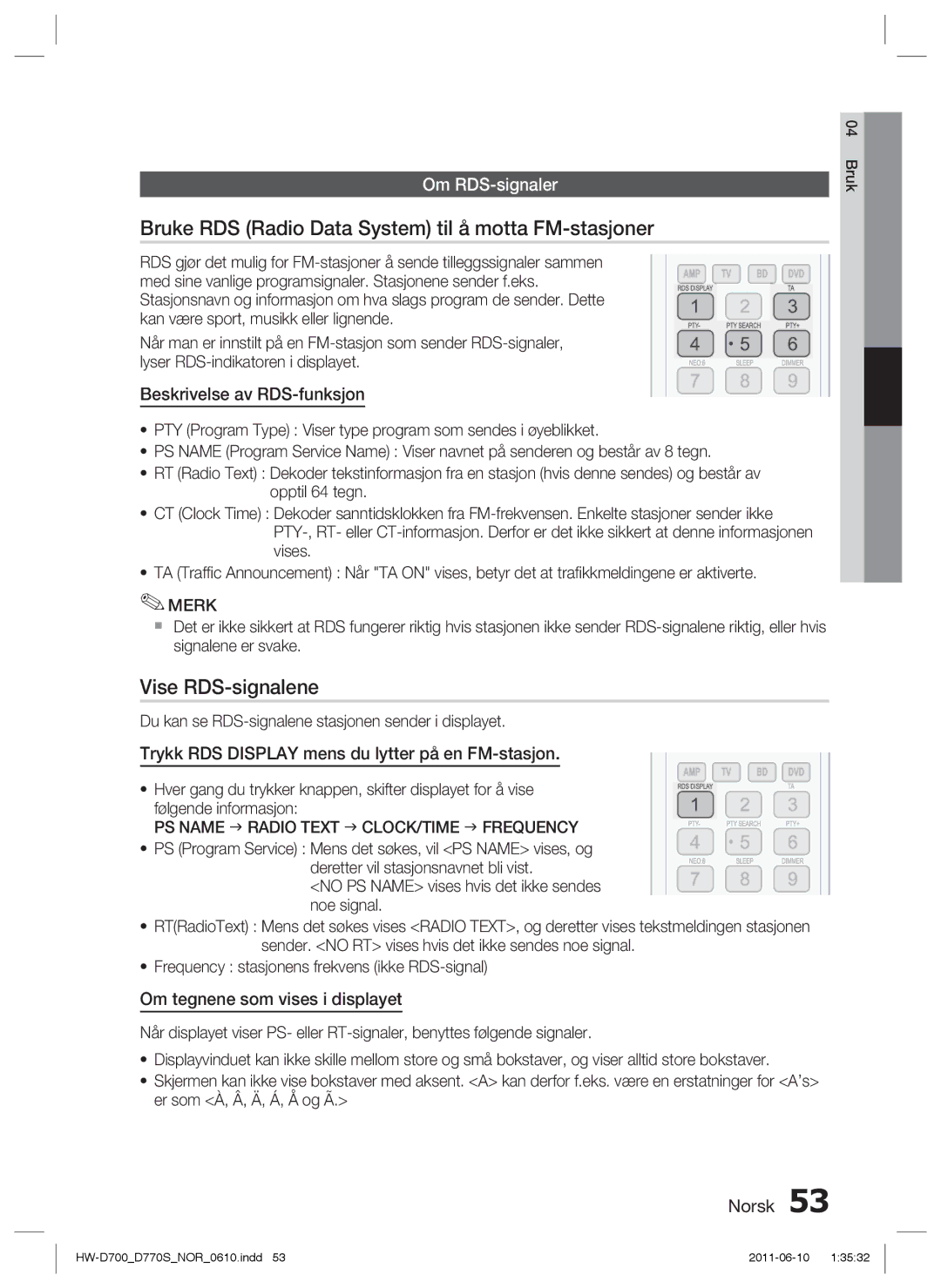 Samsung HW-D700/XE manual Bruke RDS Radio Data System til å motta FM-stasjoner, Vise RDS-signalene, Om RDS-signaler 