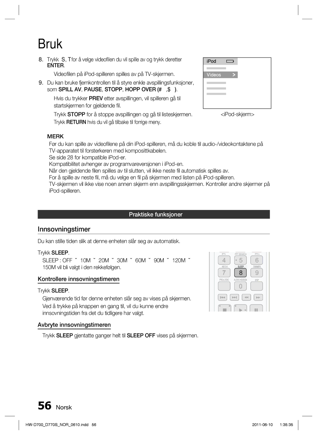 Samsung HW-D700/XE manual Innsovningstimer, Praktiske funksjoner 