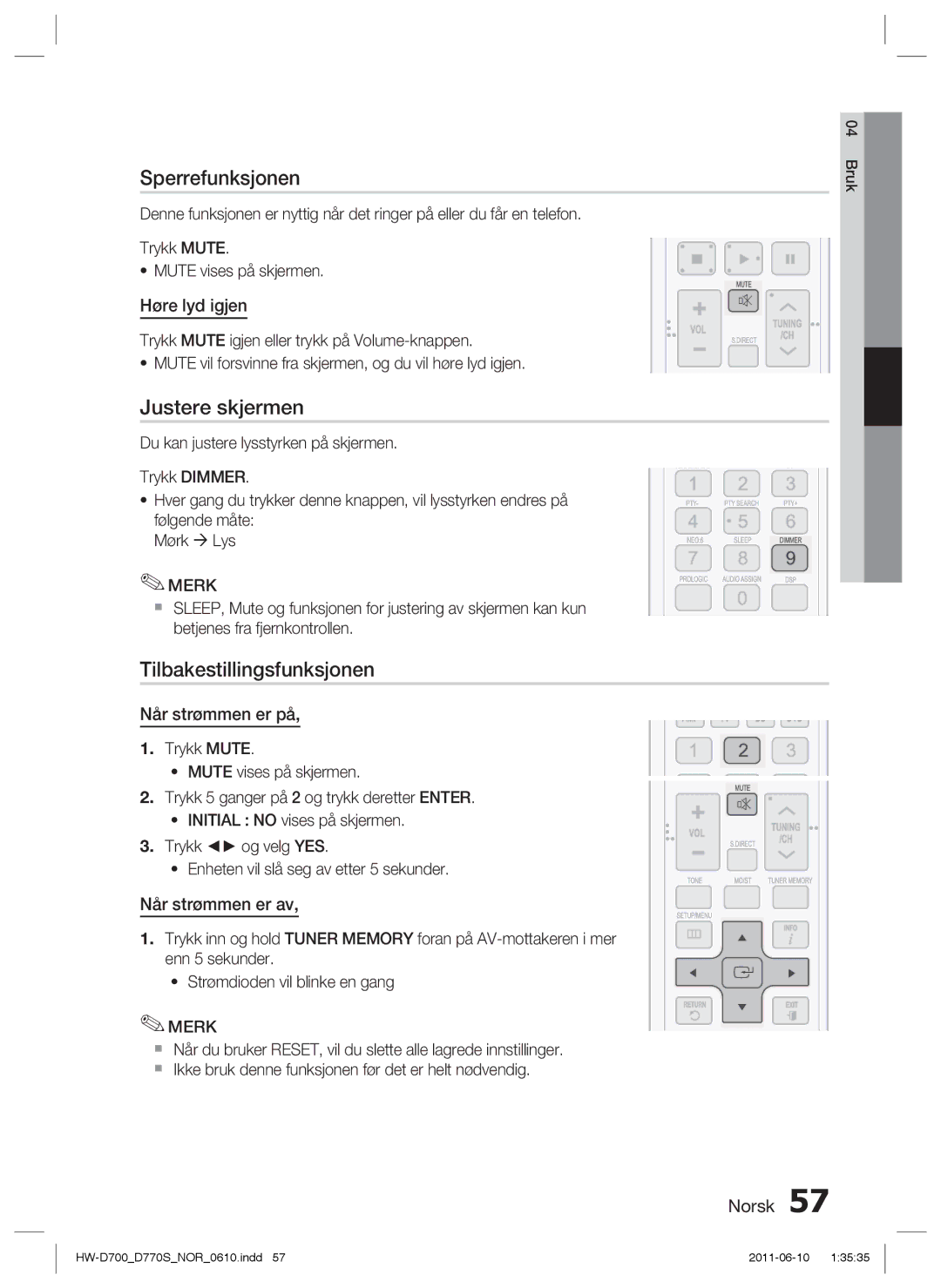 Samsung HW-D700/XE manual Sperrefunksjonen, Justere skjermen, Tilbakestillingsfunksjonen 