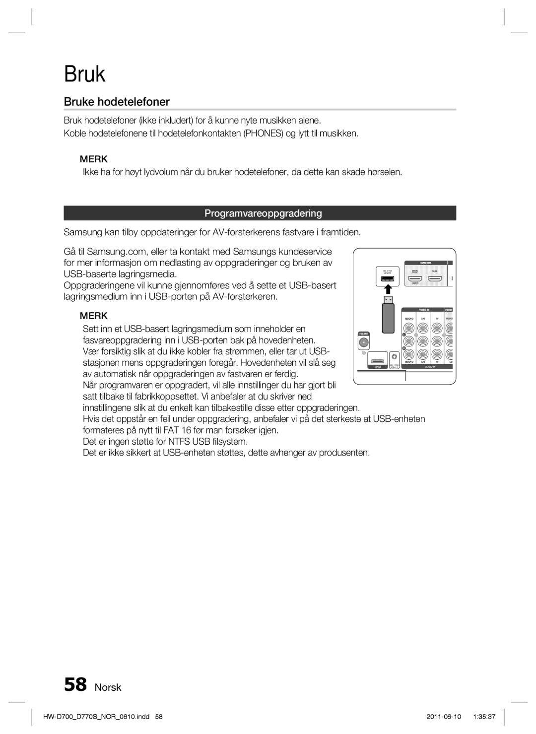 Samsung HW-D700/XE manual Bruke hodetelefoner, Programvareoppgradering 