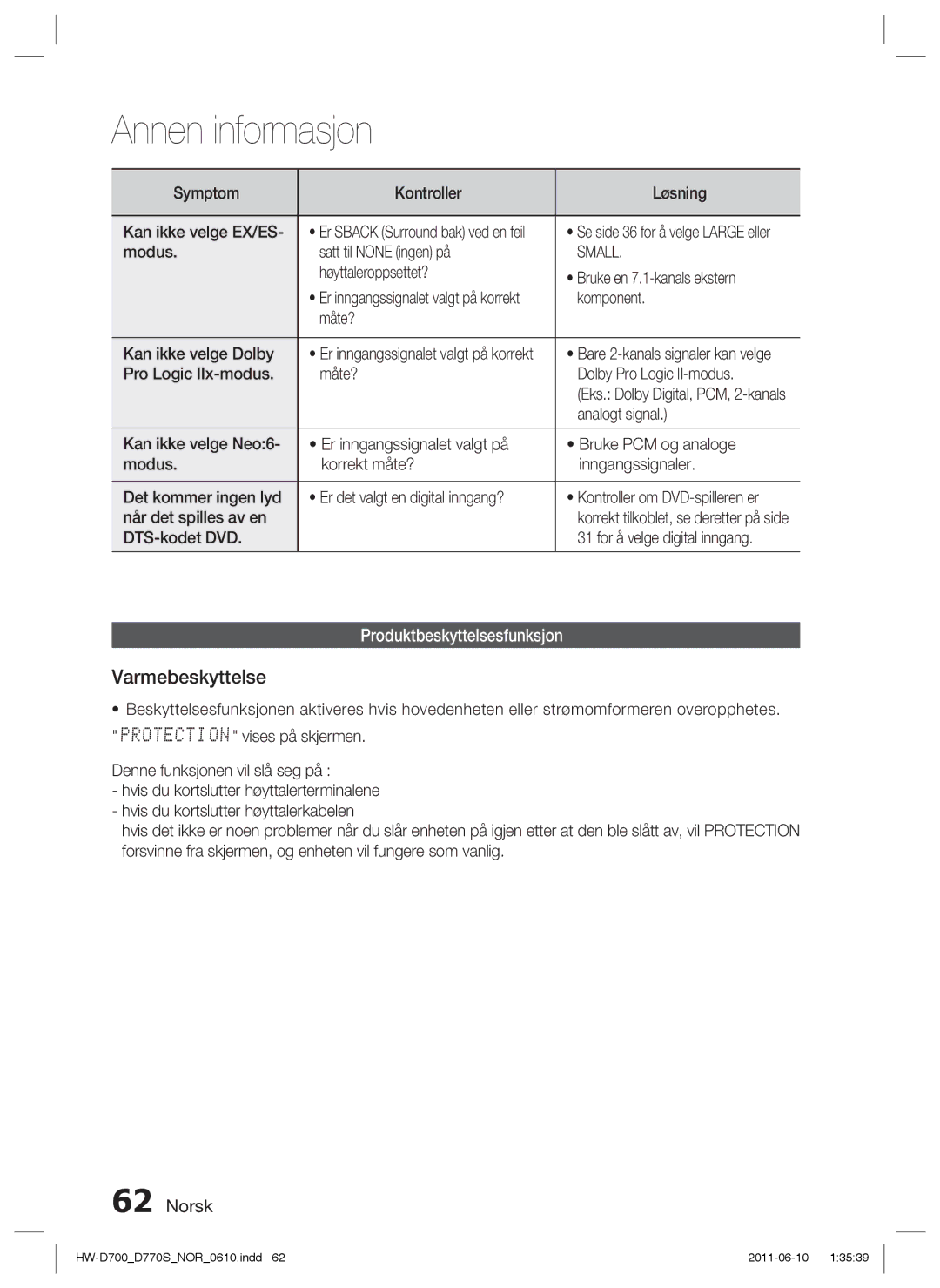 Samsung HW-D700/XE manual Varmebeskyttelse, Produktbeskyttelsesfunksjon 