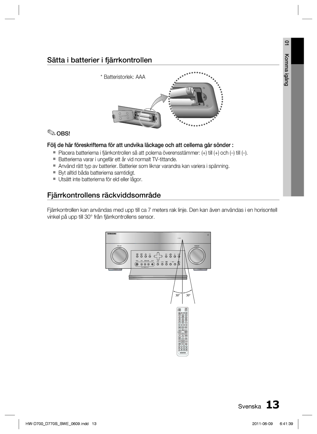 Samsung HW-D700/XE manual Sätta i batterier i fjärrkontrollen, Fjärrkontrollens räckviddsområde 