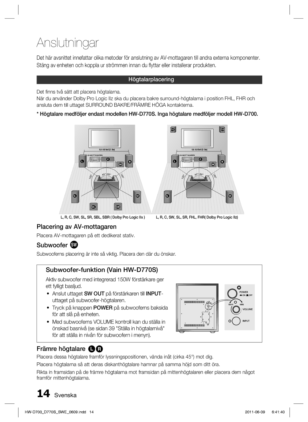 Samsung HW-D700/XE manual Anslutningar, Placering av AV-mottagaren, Subwoofer g, Subwoofer-funktion Vain HW-D770S 