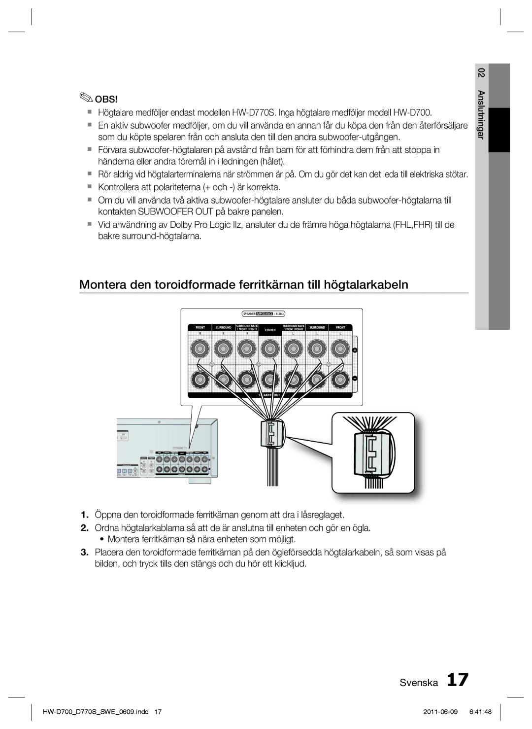 Samsung HW-D700/XE manual Montera den toroidformade ferritkärnan till högtalarkabeln 