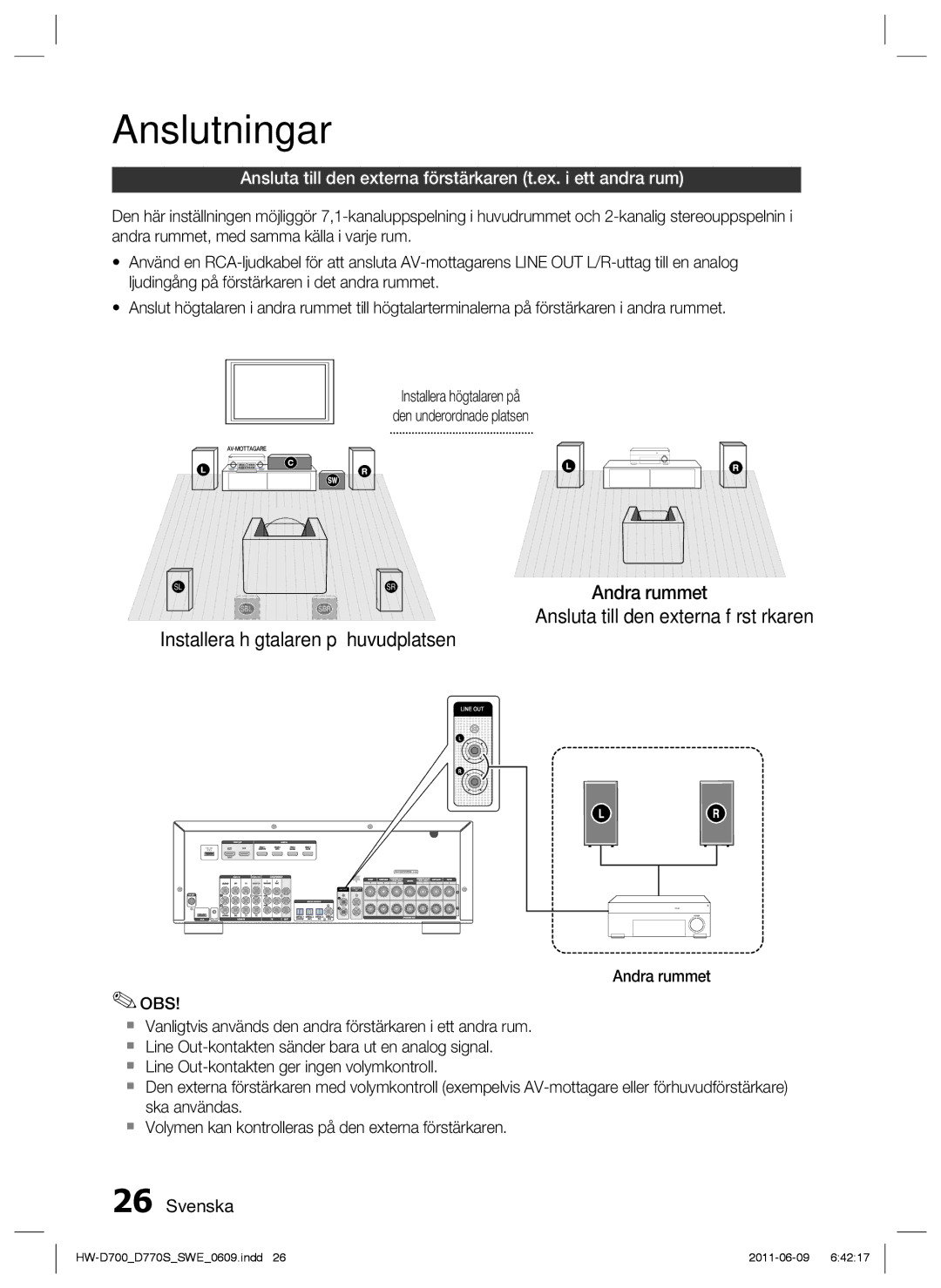 Samsung HW-D700/XE manual Ansluta till den externa förstärkaren t.ex. i ett andra rum 