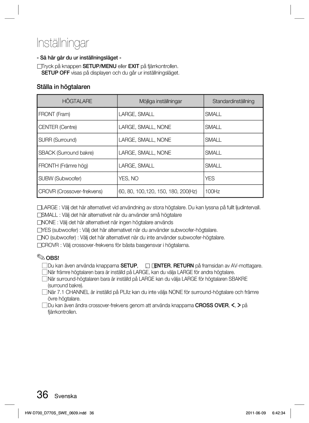 Samsung HW-D700/XE manual Ställa in högtalaren, Högtalare, LARGE, Small, LARGE, SMALL, None Small, YES, no 