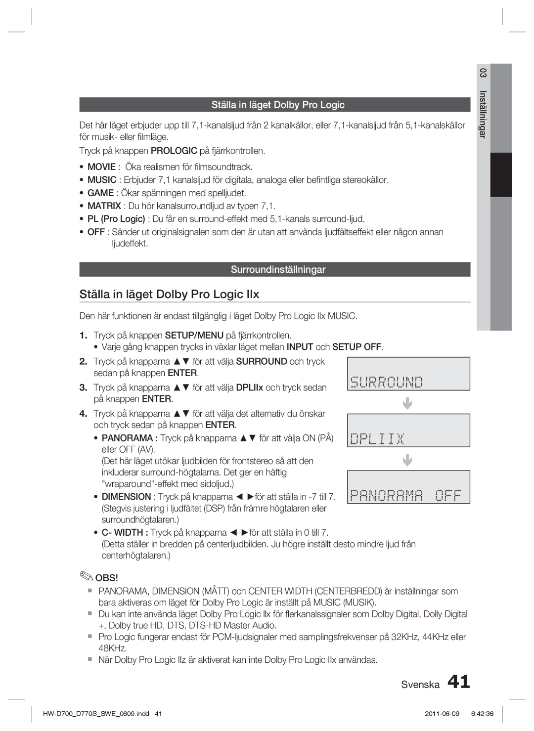 Samsung HW-D700/XE manual Ställa in läget Dolby Pro Logic, Surroundinställningar 