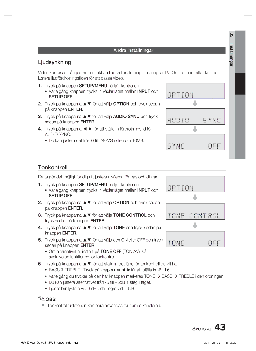 Samsung HW-D700/XE manual Ljudsynkning, Tonkontroll, Andra inställningar, Audio Sync 