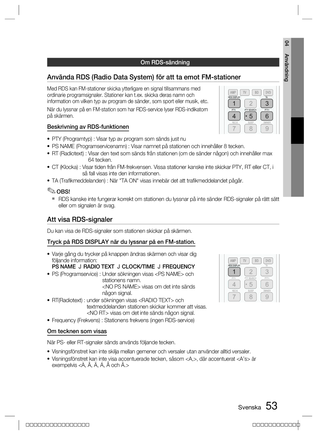 Samsung HW-D700/XE Använda RDS Radio Data System för att ta emot FM-stationer, Att visa RDS-signaler, Om RDS-sändning 