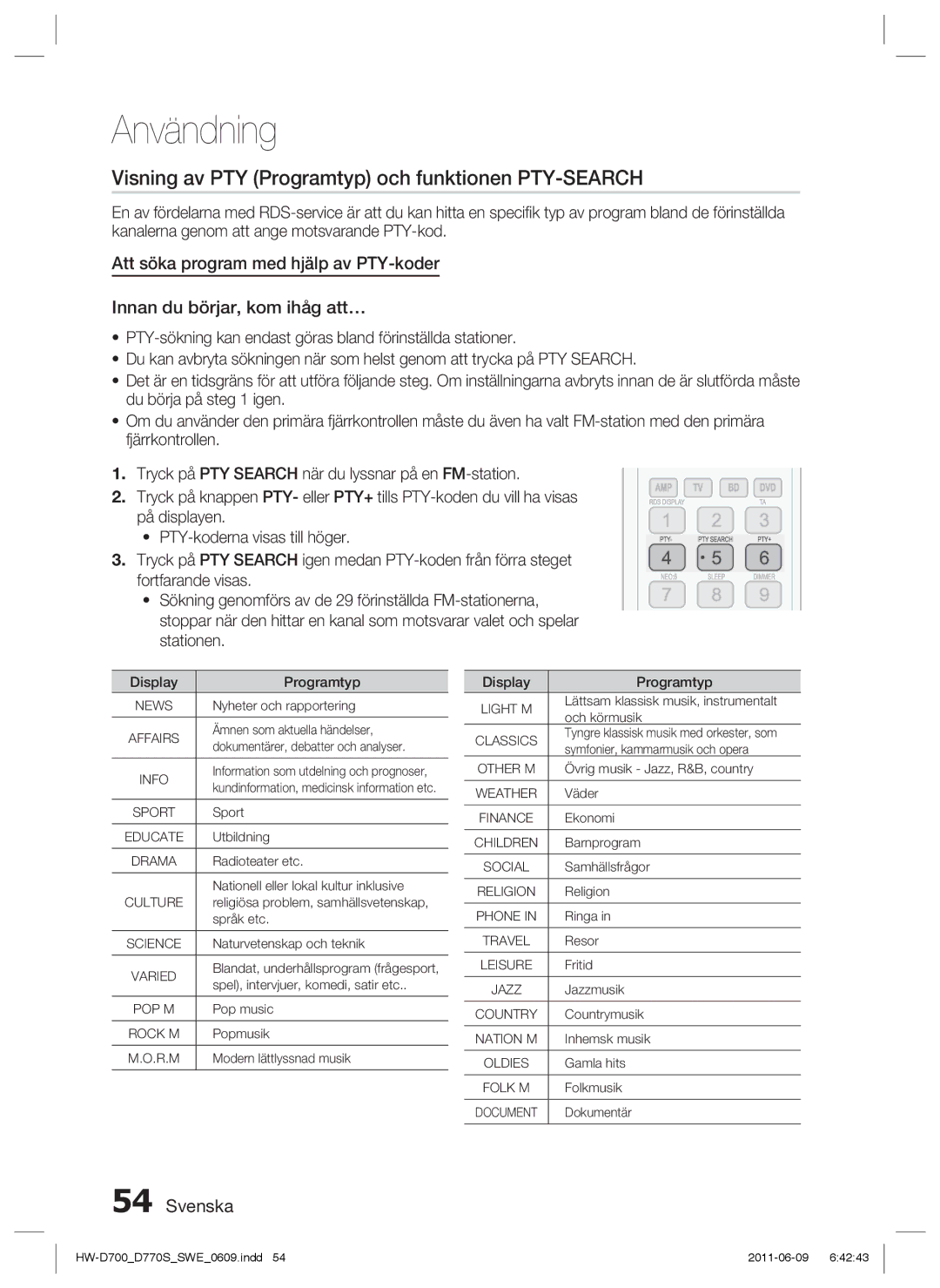 Samsung HW-D700/XE manual Visning av PTY Programtyp och funktionen PTY-SEARCH, Display Programtyp 