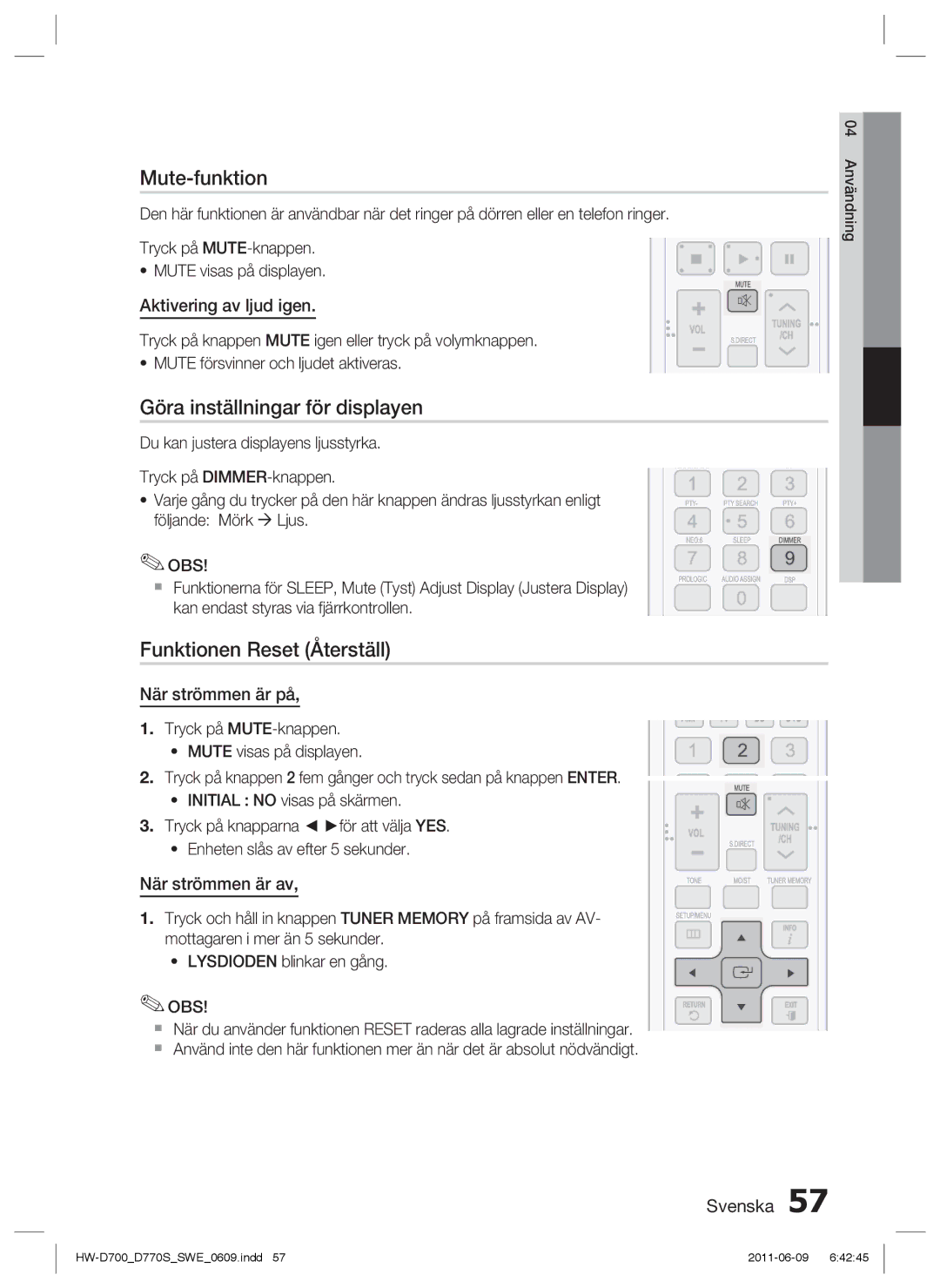 Samsung HW-D700/XE manual Mute-funktion, Göra inställningar för displayen, Funktionen Reset Återställ 