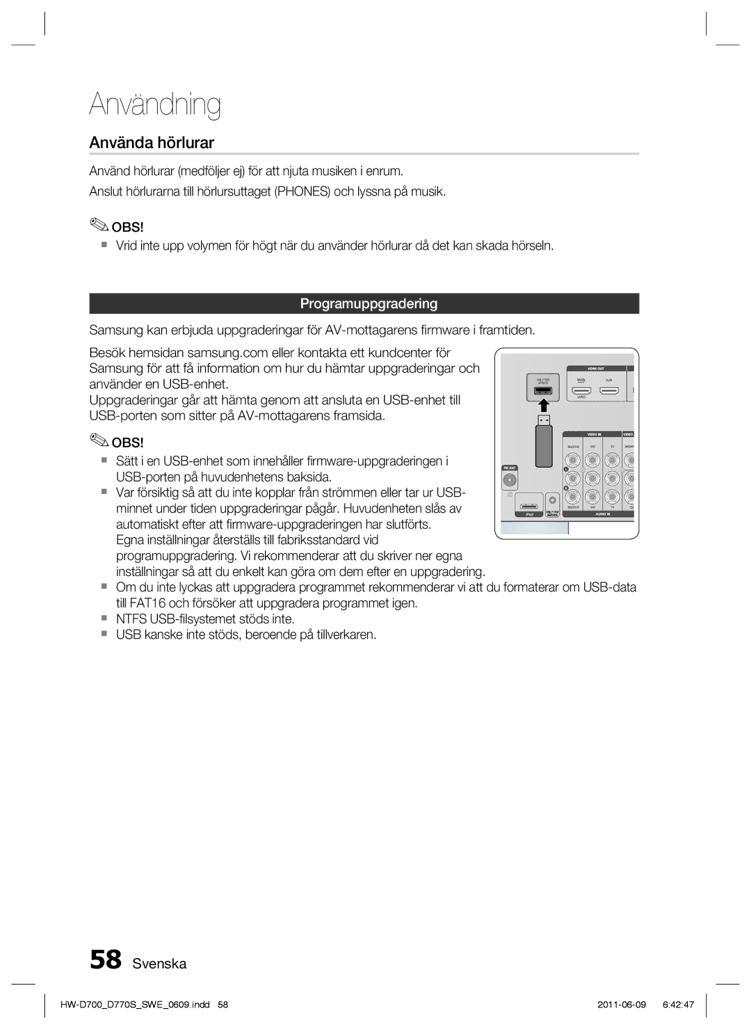 Samsung HW-D700/XE manual Använda hörlurar, Programuppgradering 