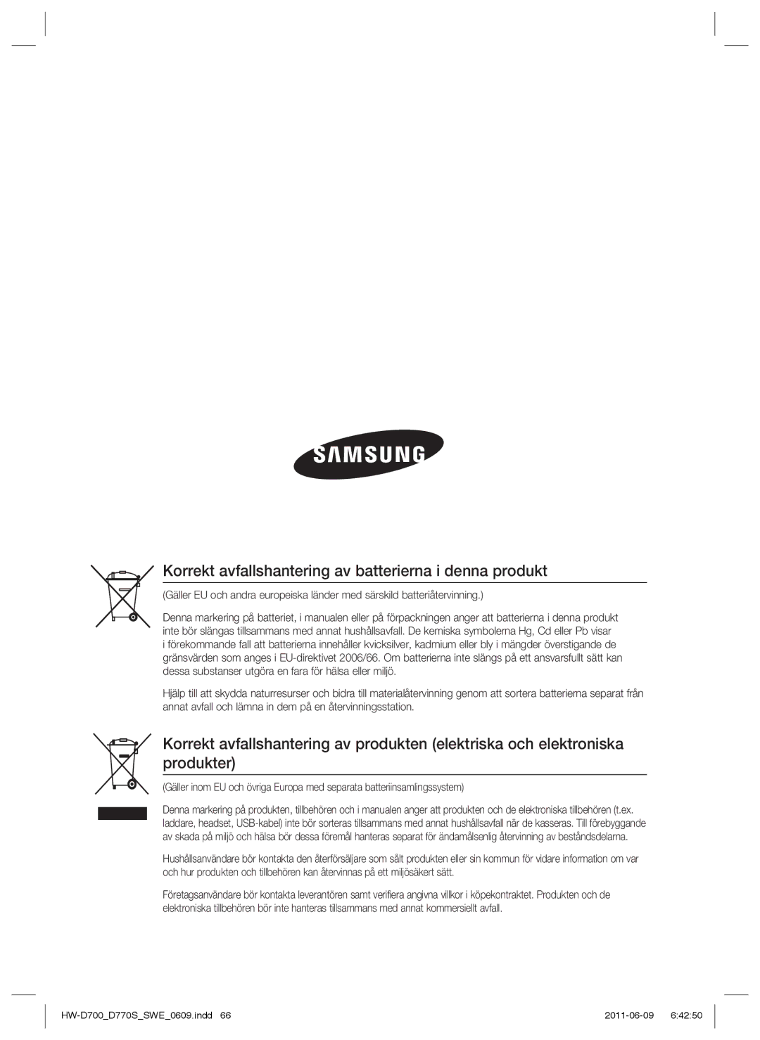 Samsung HW-D700/XE manual Korrekt avfallshantering av batterierna i denna produkt 