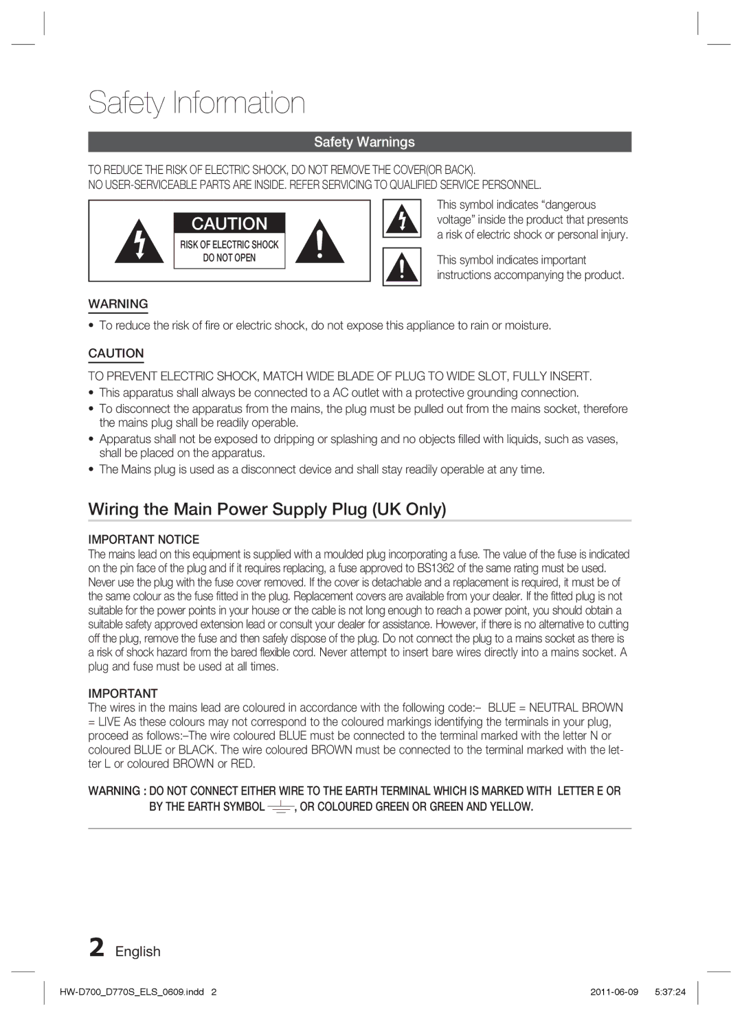 Samsung HW-D700/XE manual Safety Information, Wiring the Main Power Supply Plug UK Only, Safety Warnings, Important Notice 