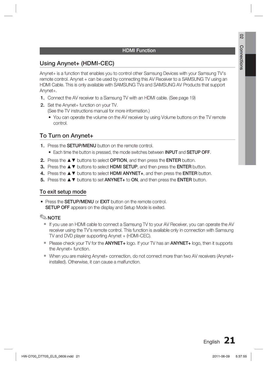 Samsung HW-D770S/EN, HW-D700/EN, HW-D700/XE Using Anynet+ HDMI-CEC, To Turn on Anynet+, To exit setup mode, Hdmi Function 