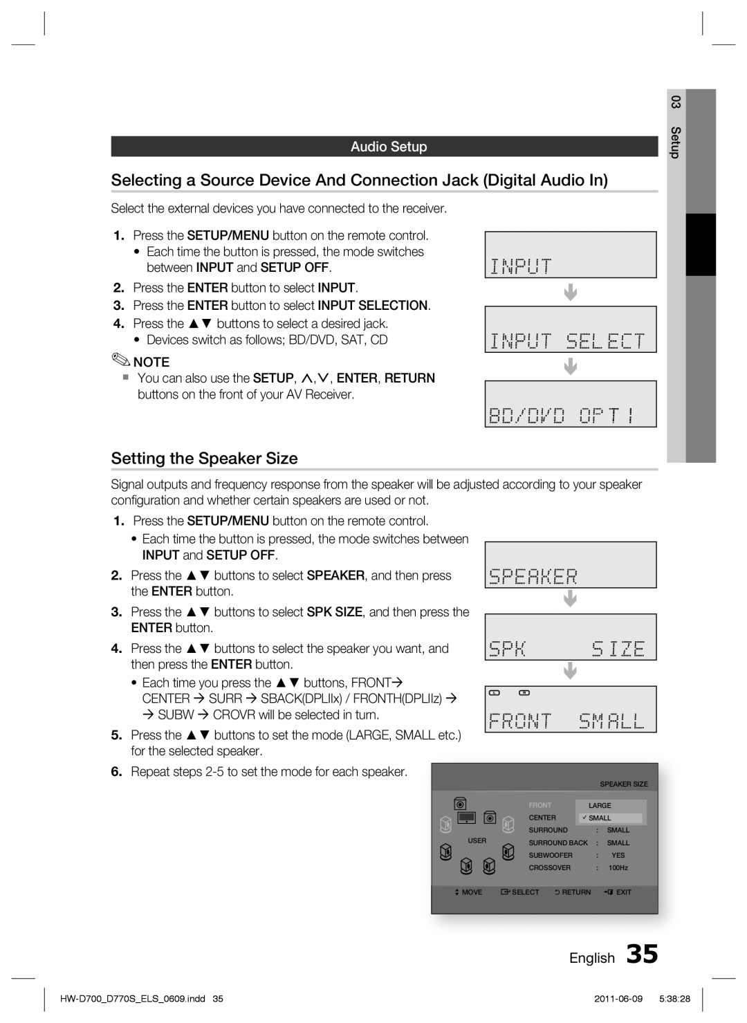 Samsung HW-D700/XE Selecting a Source Device And Connection Jack Digital Audio, Setting the Speaker Size, Audio Setup 