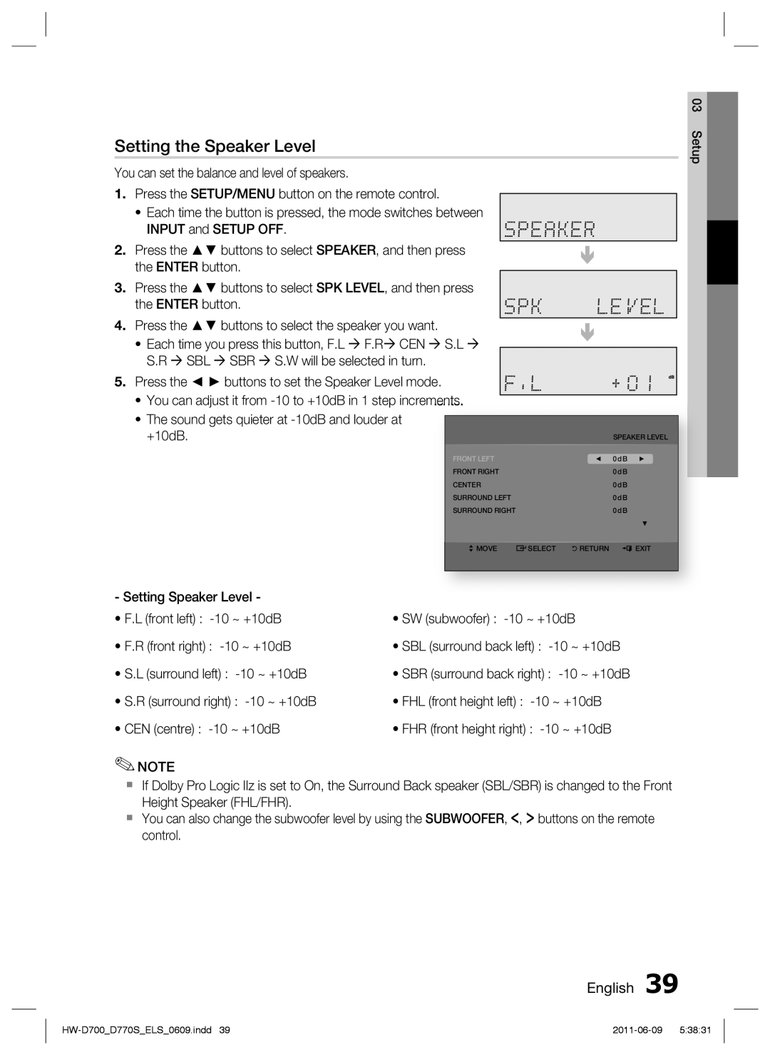 Samsung HW-D770S/EN, HW-D700/EN, HW-D700/XE manual Setting the Speaker Level 