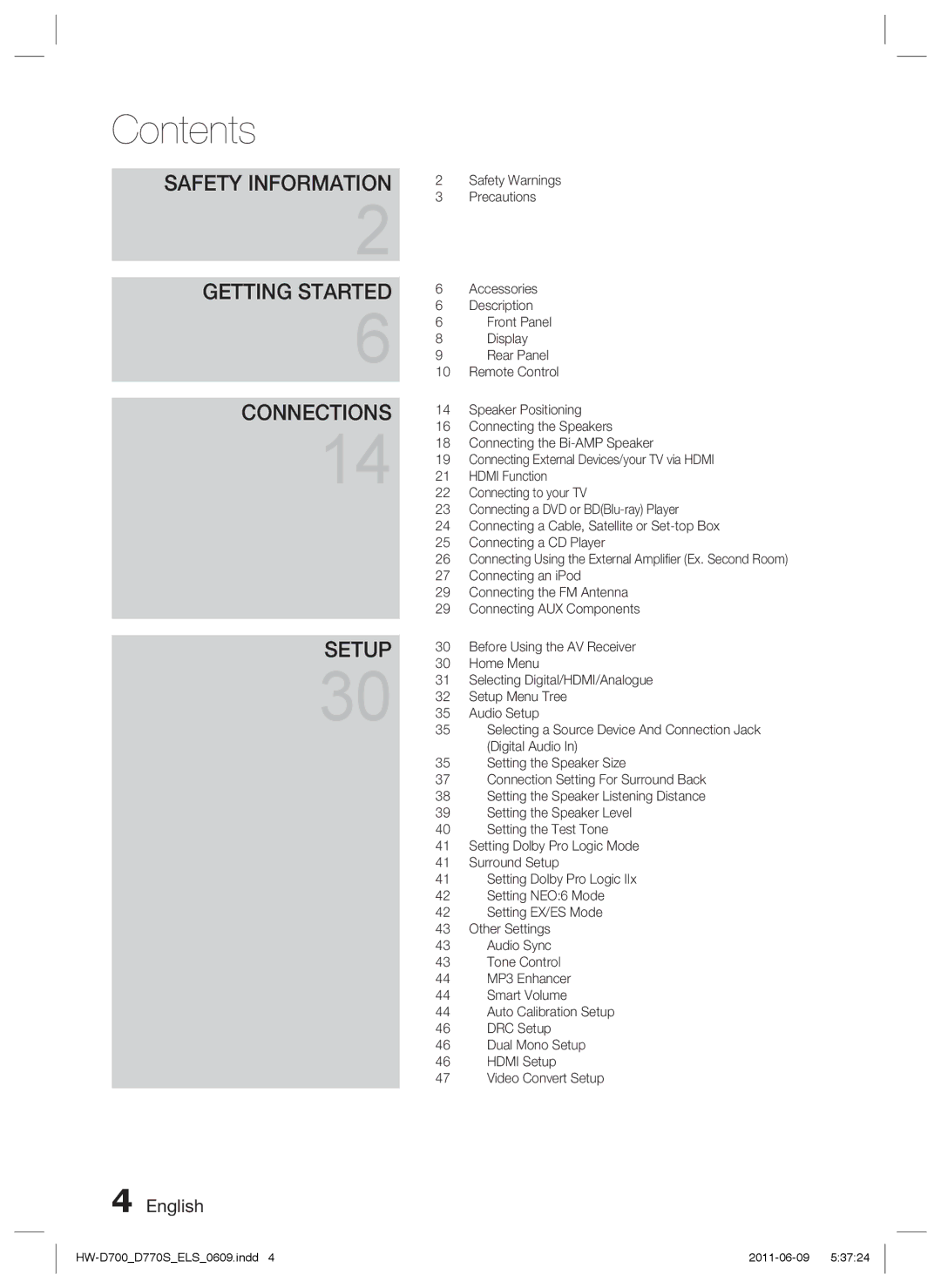 Samsung HW-D700/EN, HW-D770S/EN, HW-D700/XE manual Contents 