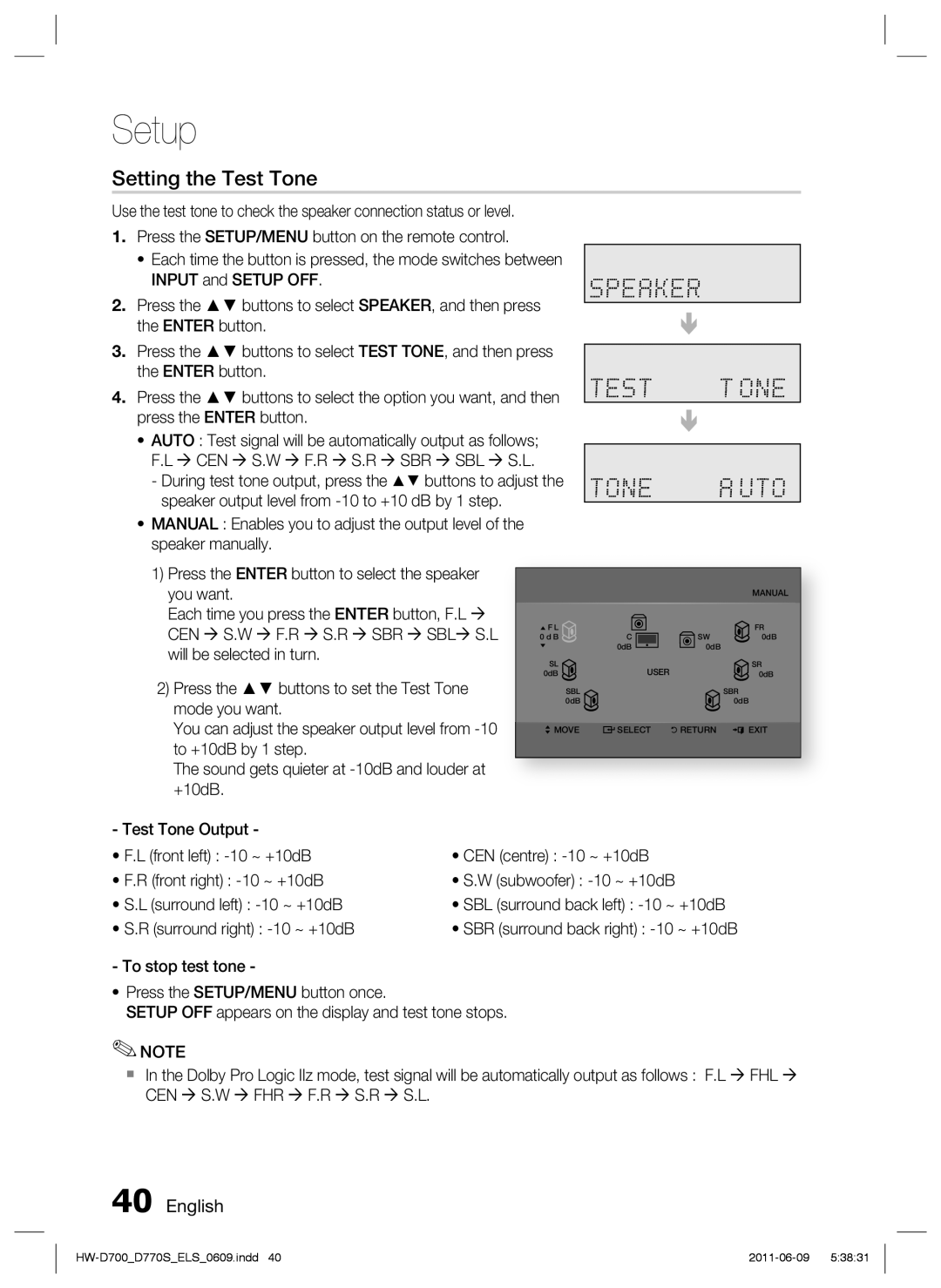 Samsung HW-D700/EN, HW-D770S/EN, HW-D700/XE manual Setting the Test Tone 