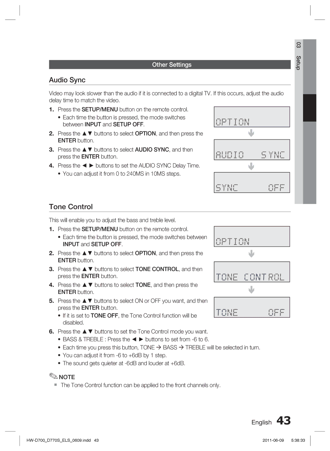 Samsung HW-D700/EN, HW-D770S/EN, HW-D700/XE manual Audio Sync, Tone Control, Other Settings 